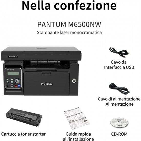 Stampante Pantum M6500W con WiFi, Scanner + 2 Toner Compatibile PA210A da 1600 Copie cadauno + 5 Risme di Carta A4 da 75gr